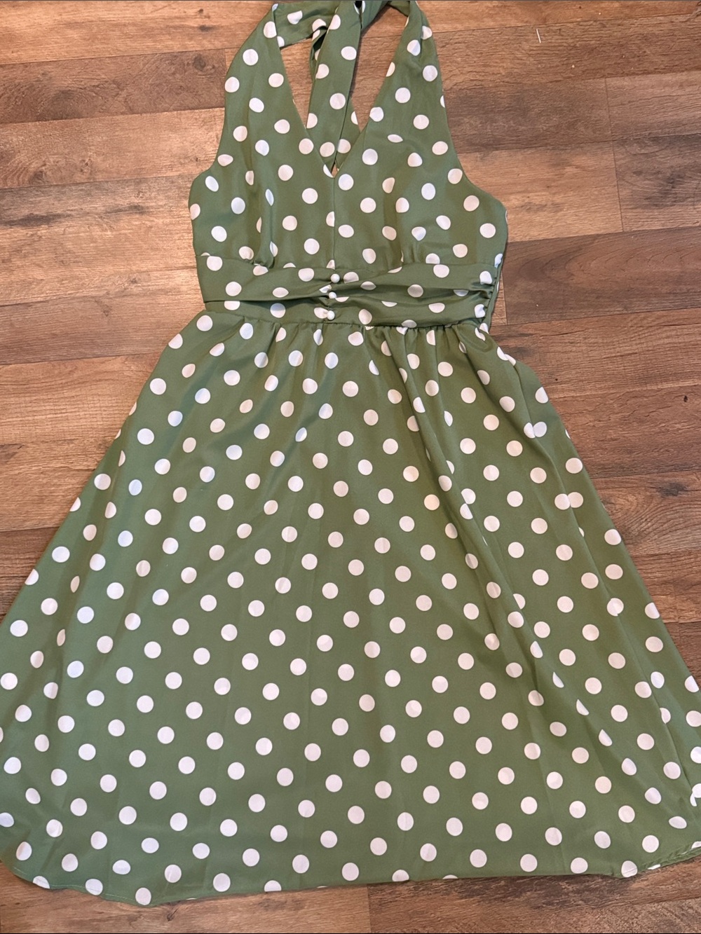 SHEIN Rockabilly Green and White Polka Dot Halter Dress